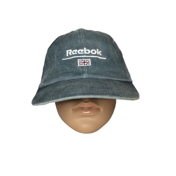 Vintage 90s Reebok Blue Wash British Union Jack Flag Leather Adjustable Hat - Picture 1 of 8